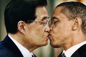 President Barack Obama and President Hu Jintao Kiss For Bennetton's Unhate Foundation